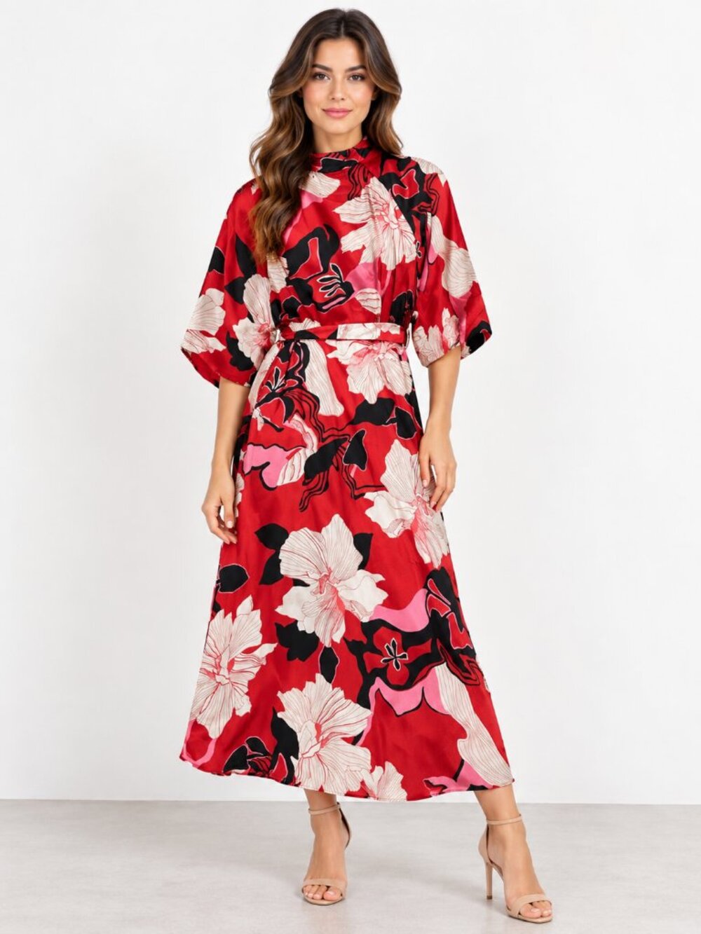 Zara Red Floral Belted Maxi Dress